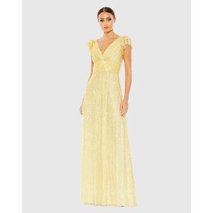 Mac Duggal Size 18 Yellow Beaded Sequins Flutter Sleeve A Line Gown Dress $538